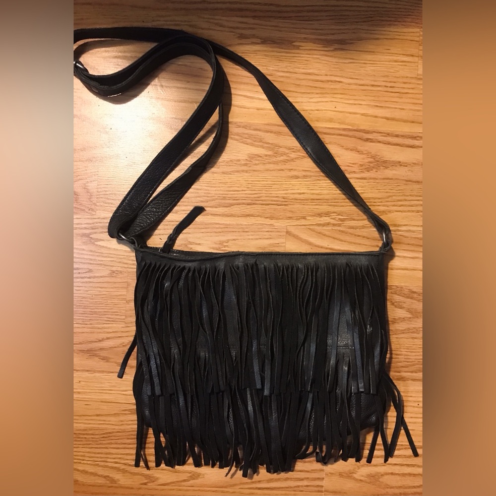 Original Cut N’ Paste LA Black Leather Fringed Crossbody Shoulder Bag